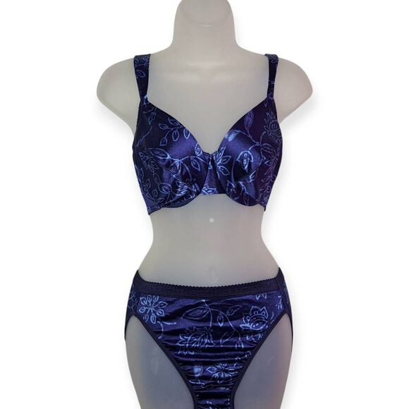Victoria's Secret Vintage Women's Second Skin Blue Satin Matching Floral Set 34D - Picture 1 of 12
